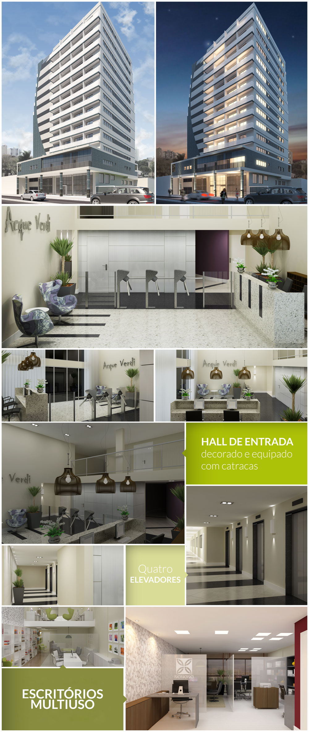 Hall de entrada equipado com catracas | Quatro elevadores | Escritórios Multiuso com diversas opções de plantas unificáveis